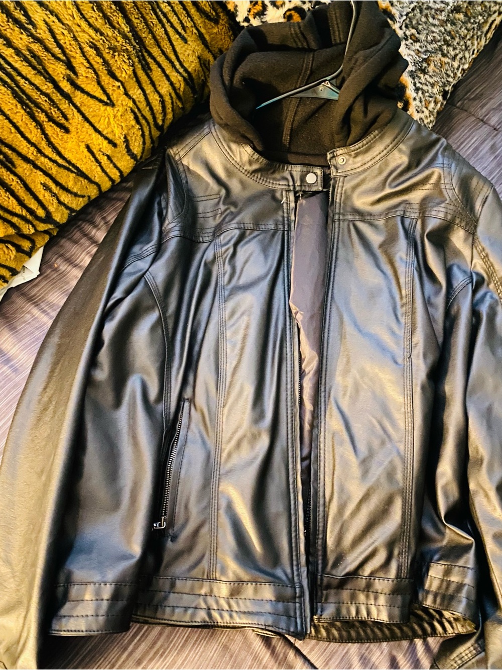 New Look Black Faux Leather Bomber Jacket with Hood